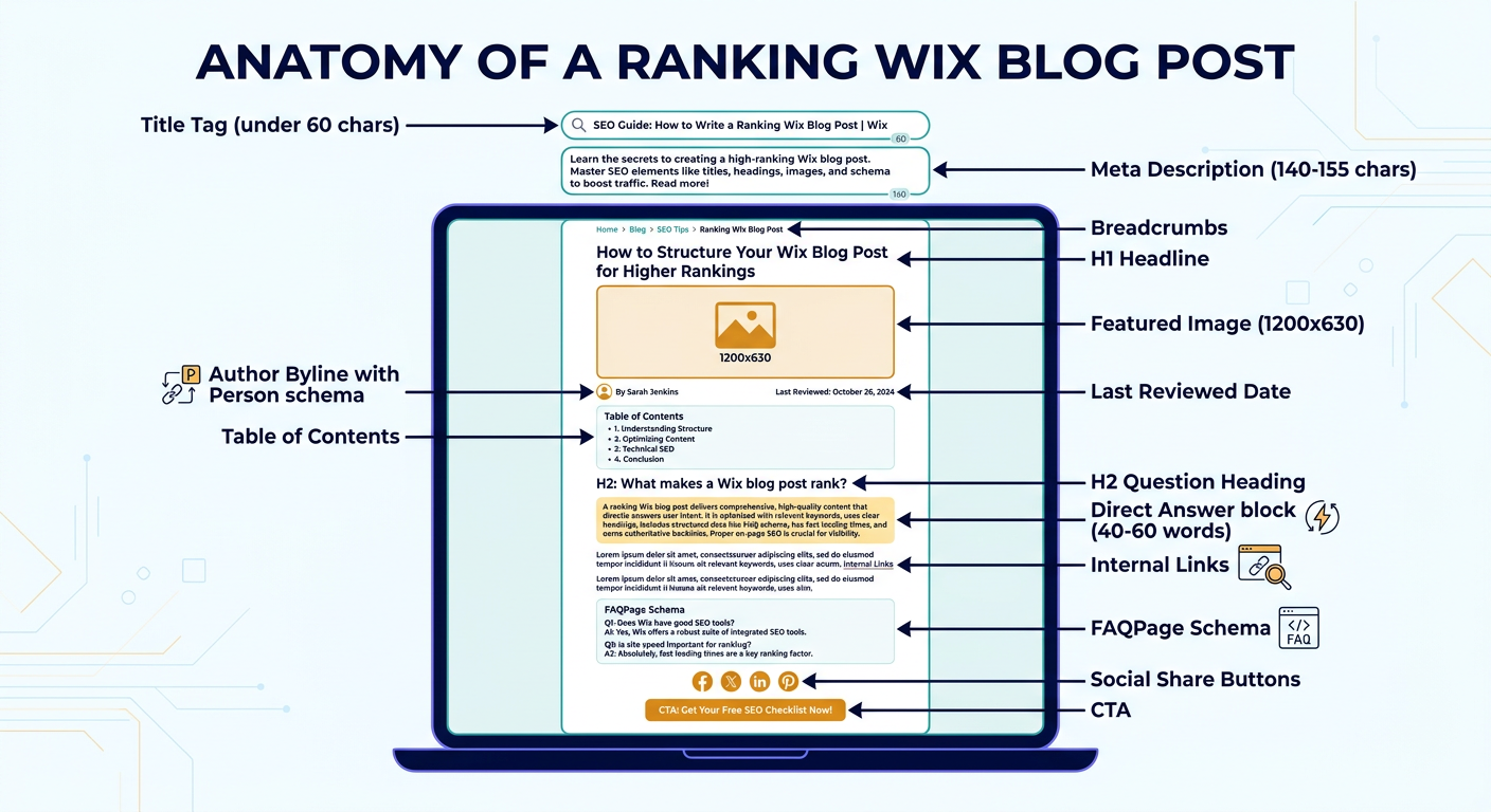 Anatomy of a ranking Wix blog post infographic labelling title tag, meta description, H1, featured image, author byline, last reviewed date, breadcrumbs, table of contents, H2 question heading, direct answer block, internal links, FAQPage schema, social share buttons, and CTA