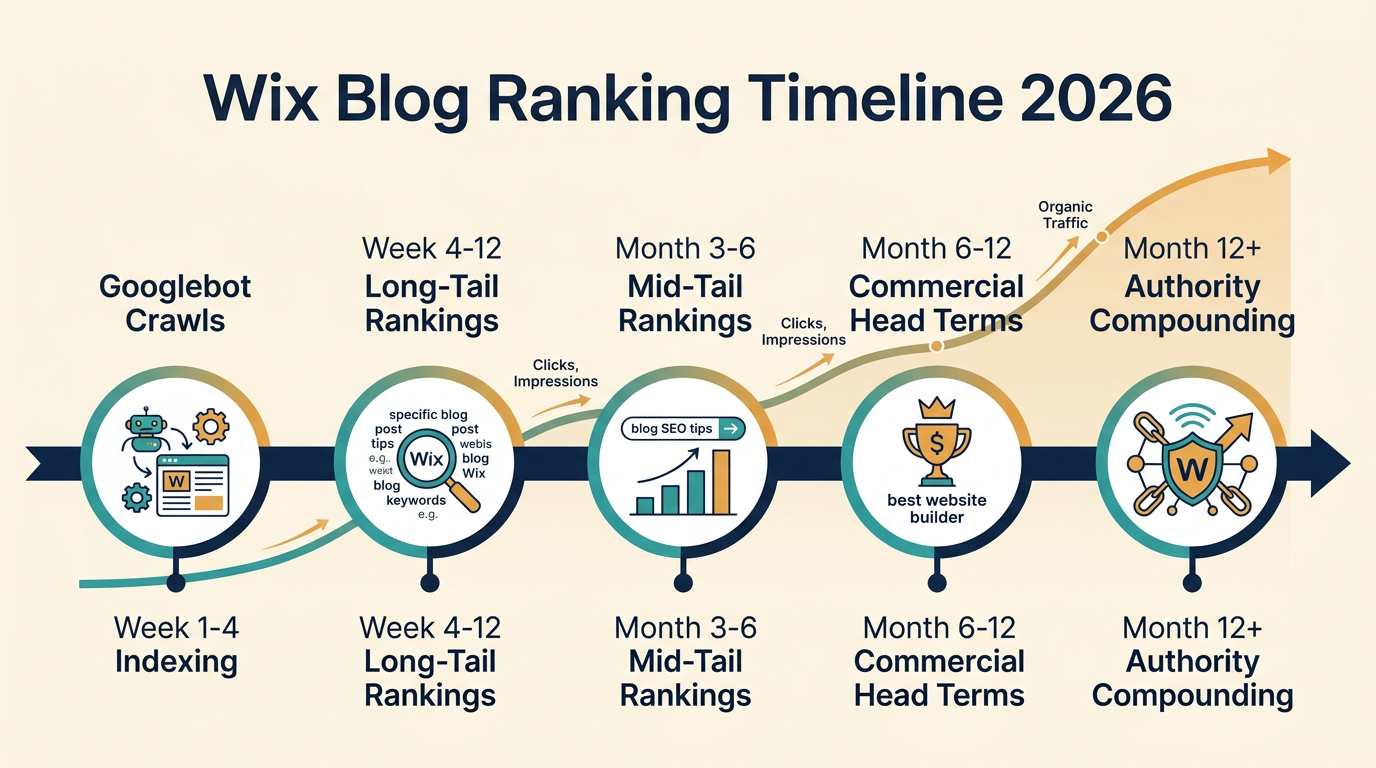Wix blog ranking timeline infographic showing week 1-4 indexing, week 4-12 long-tail rankings, month 3-6 mid-tail rankings, month 6-12 commercial head terms, month 12+ authority compounding with rising traffic curve