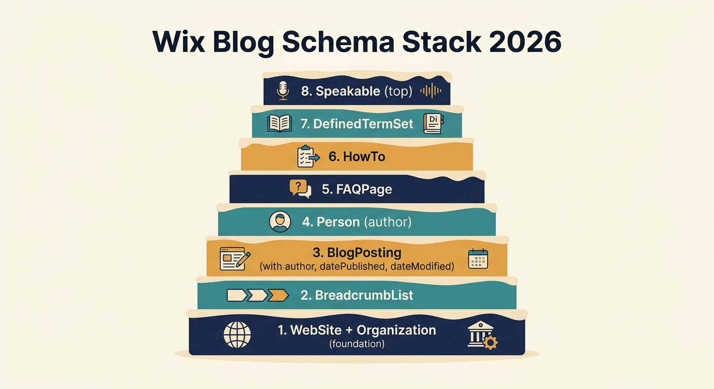 Wix Blog Schema Stack 2026 infographic showing layered JSON-LD schema types from WebSite and Organization foundation through BreadcrumbList, BlogPosting, Person, FAQPage, HowTo, DefinedTermSet, and Speakable