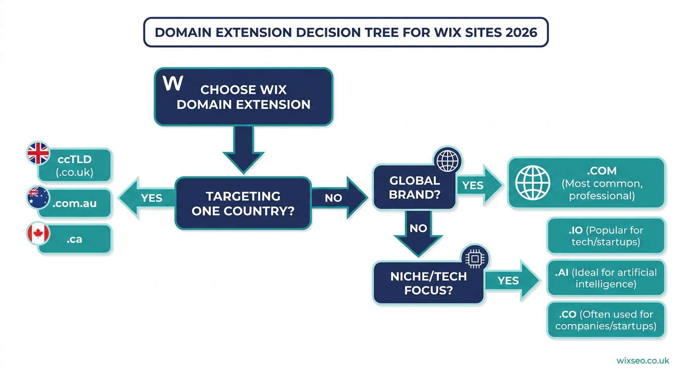 Decision tree for choosing the right domain extension for a Wix site: .com for global, .co.uk for UK, .io/.ai for tech