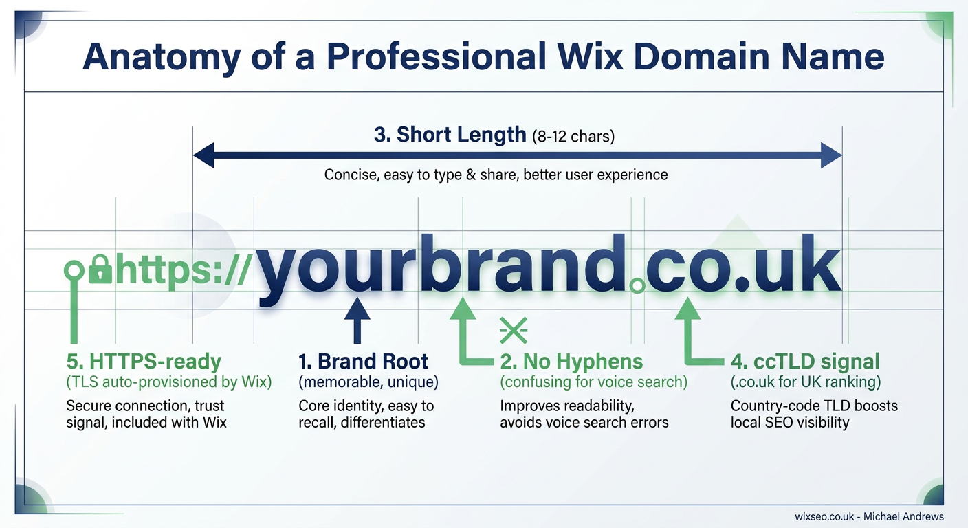 Annotated diagram of a professional Wix domain name showing brand root, no hyphens, short length, ccTLD signal, and HTTPS readiness
