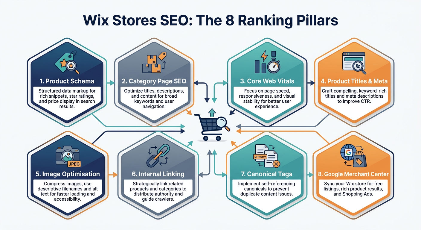 Wix ecommerce SEO infographic showing the eight ranking pillars including product schema, category page SEO, Core Web Vitals, product titles and meta, image optimisation, internal linking, canonical tags and Google Merchant Center