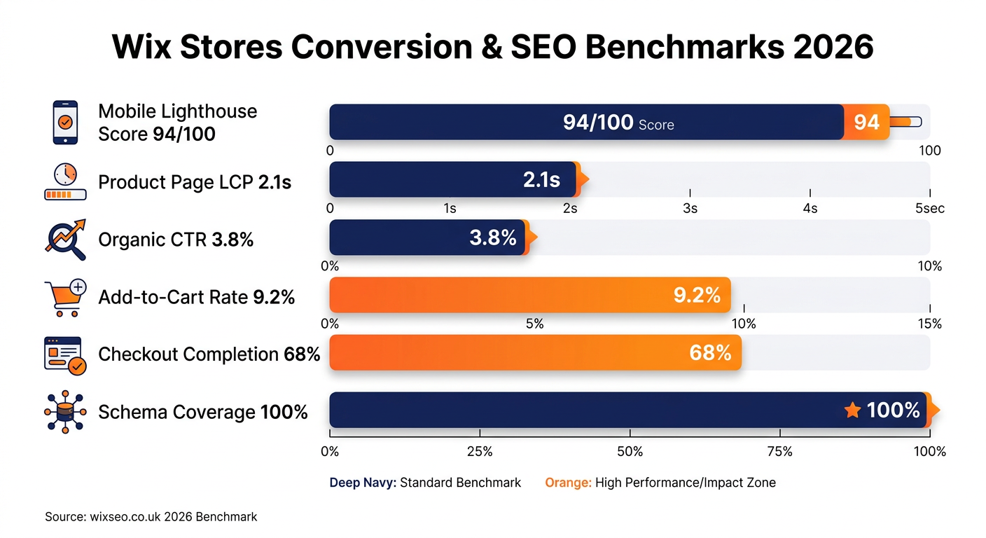Wix Stores conversion and SEO benchmarks 2026 showing Lighthouse score, LCP, organic CTR, add-to-cart rate, checkout completion and schema coverage