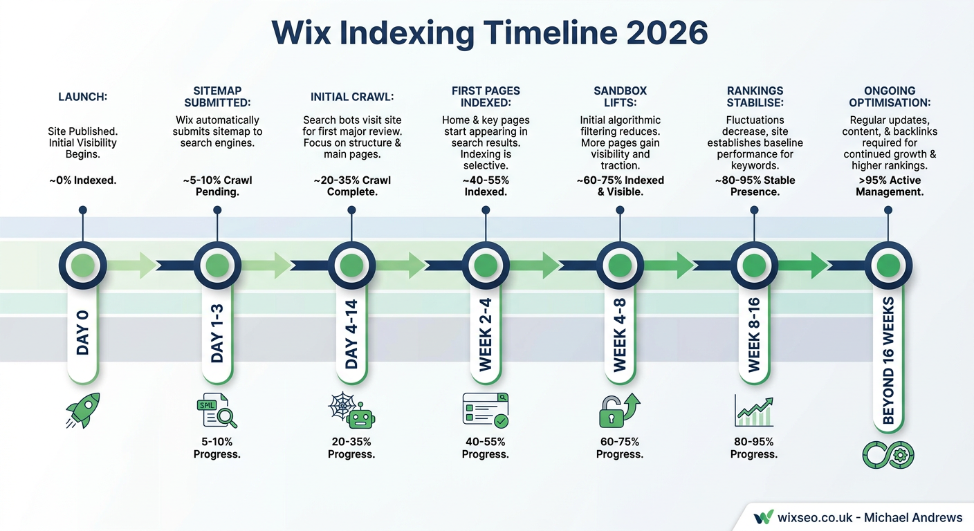 Typical Wix site indexing timeline from launch through week 16 showing sitemap submission, initial crawl, first indexed pages, sandbox lift, and ranking stabilisation