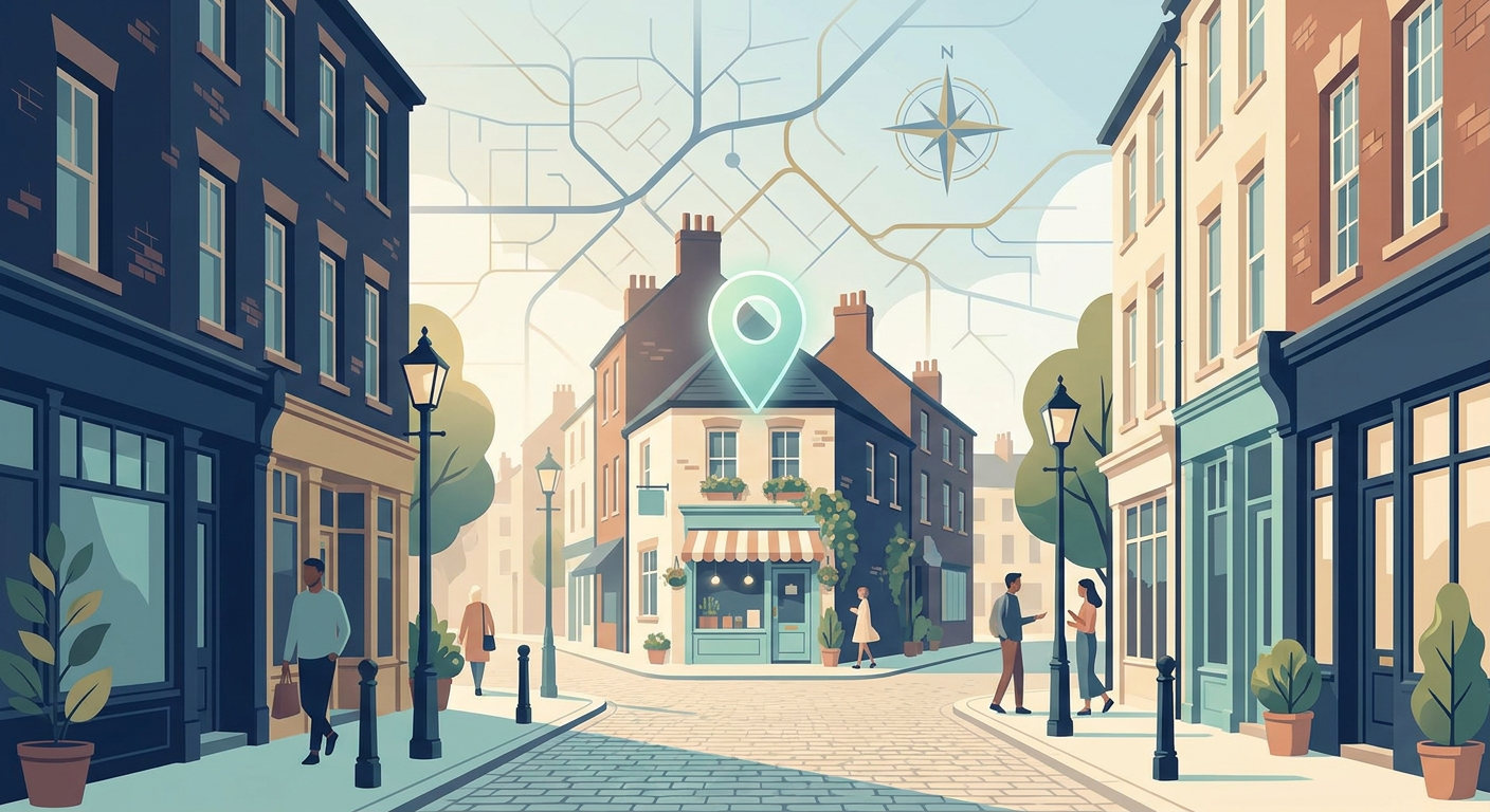 Illustration representing Wix Local SEO 2026 with a glowing map pin over a UK high street, depicting local search and Google Map Pack rankings