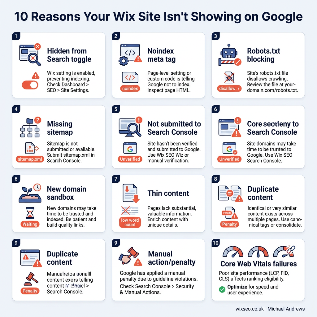 Why your Wix site is not showing on Google - infographic of the 10 most common causes including indexing, noindex, robots.txt, Hide from Search toggle, sandbox, sitemap, thin content, duplicate content, manual action and Core Web Vitals