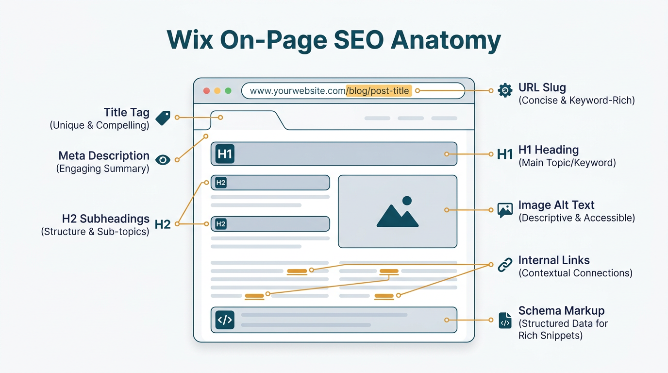 Wix on-page SEO anatomy infographic showing title tag, meta description, H1 heading, H2 subheadings, image alt text, URL slug, internal links, and schema markup on a webpage wireframe