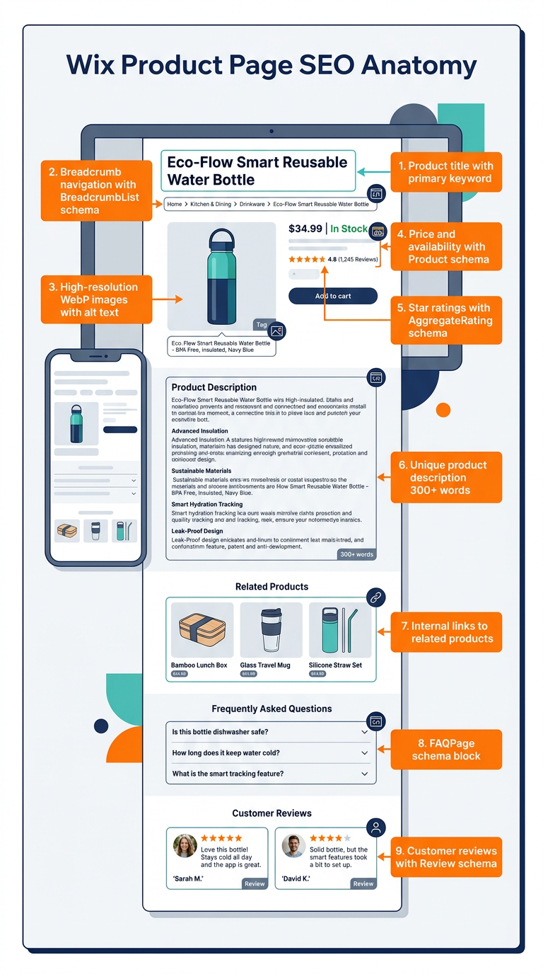 Wix product page SEO anatomy showing title, breadcrumbs, WebP images, price and availability schema, star ratings, unique product description, internal links, FAQ schema, and reviews