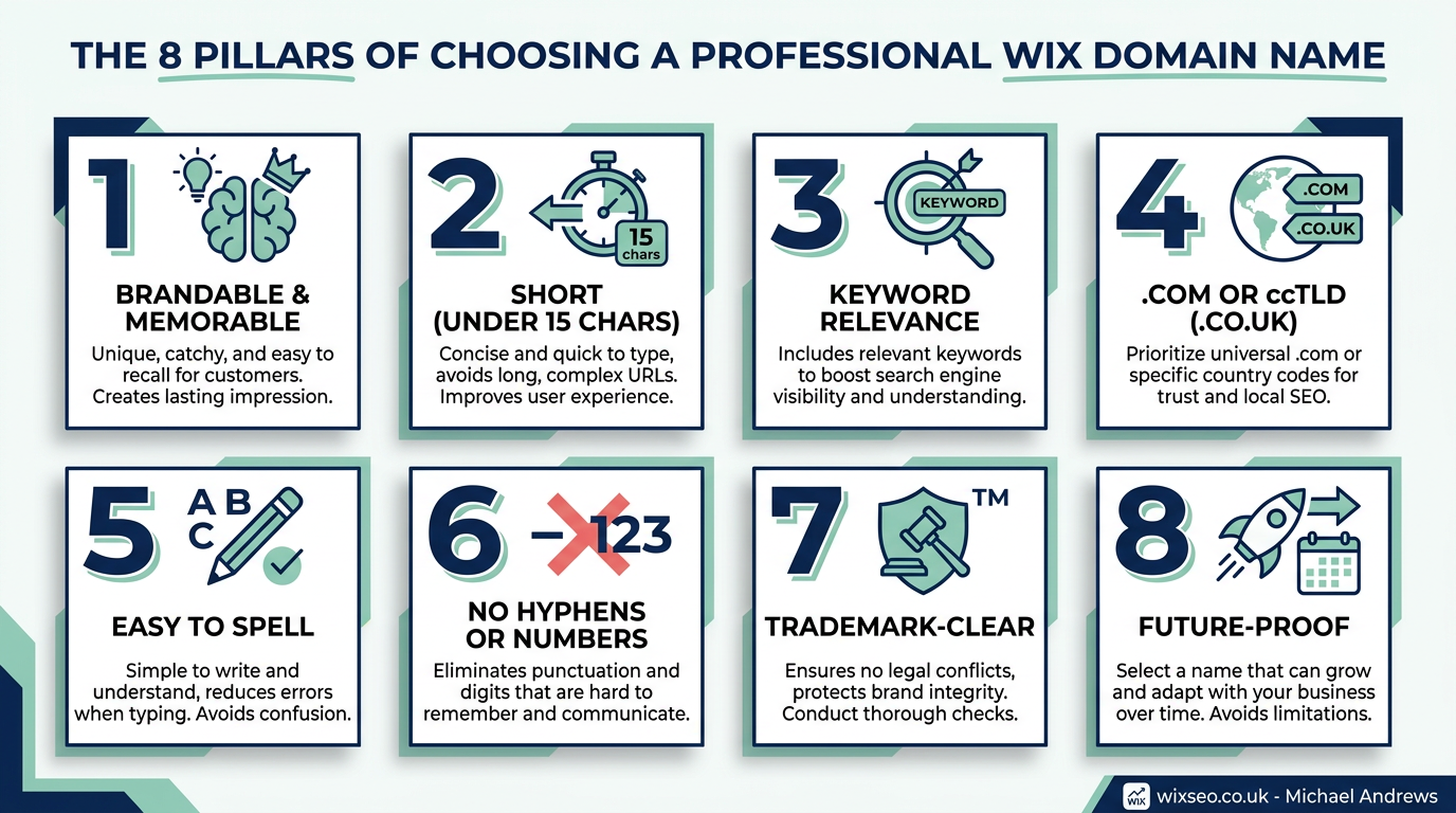 Infographic showing the 8 pillars of choosing a professional Wix domain name: brandable, short, keyword relevance, extension choice, easy to spell, no hyphens, trademark-clear, and future-proof