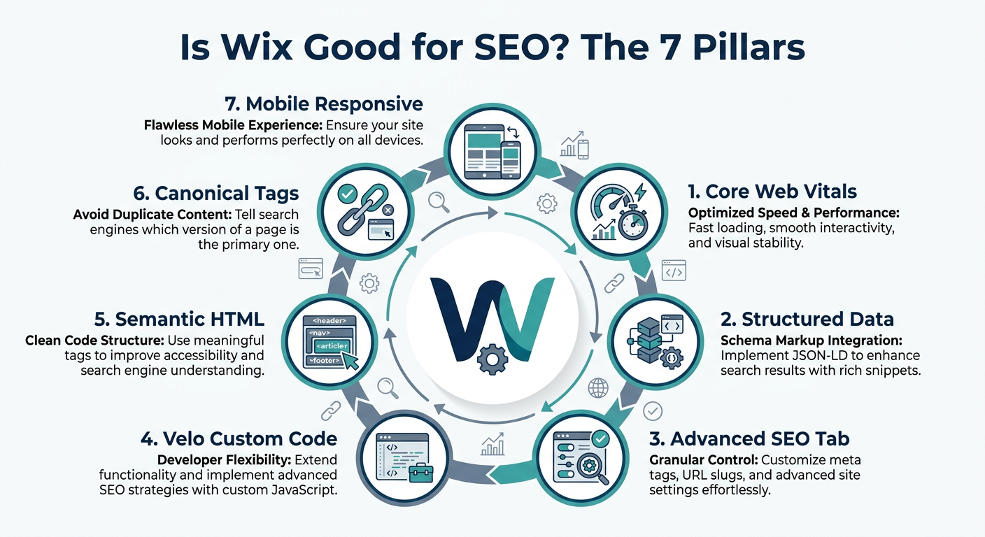Is Wix good for SEO infographic showing the seven pillars of Wix search engine optimisation including Core Web Vitals, structured data, Advanced SEO tab, Velo, semantic HTML, canonical tags and mobile responsiveness