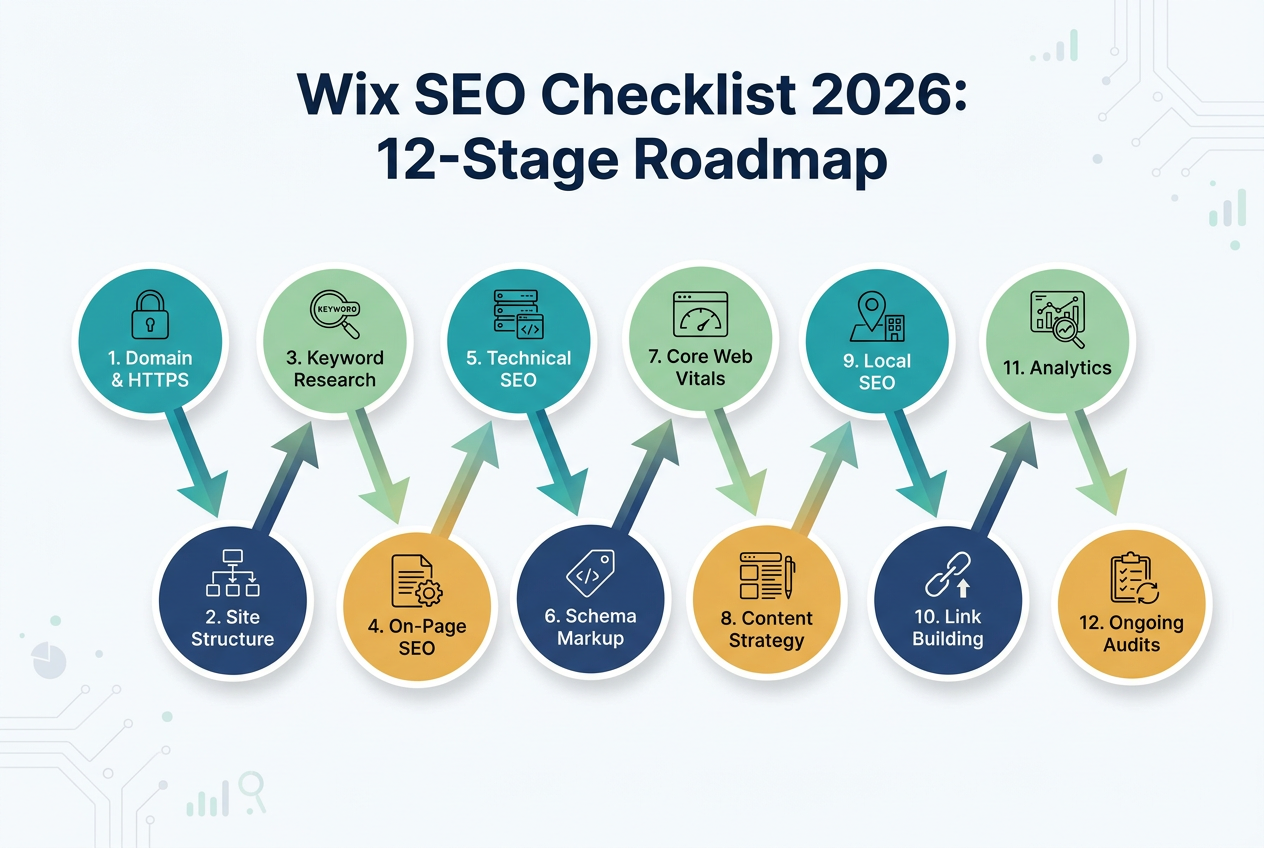 Wix SEO Checklist 2026 infographic showing the 12-stage Wix SEO roadmap from domain and HTTPS setup through ongoing audits