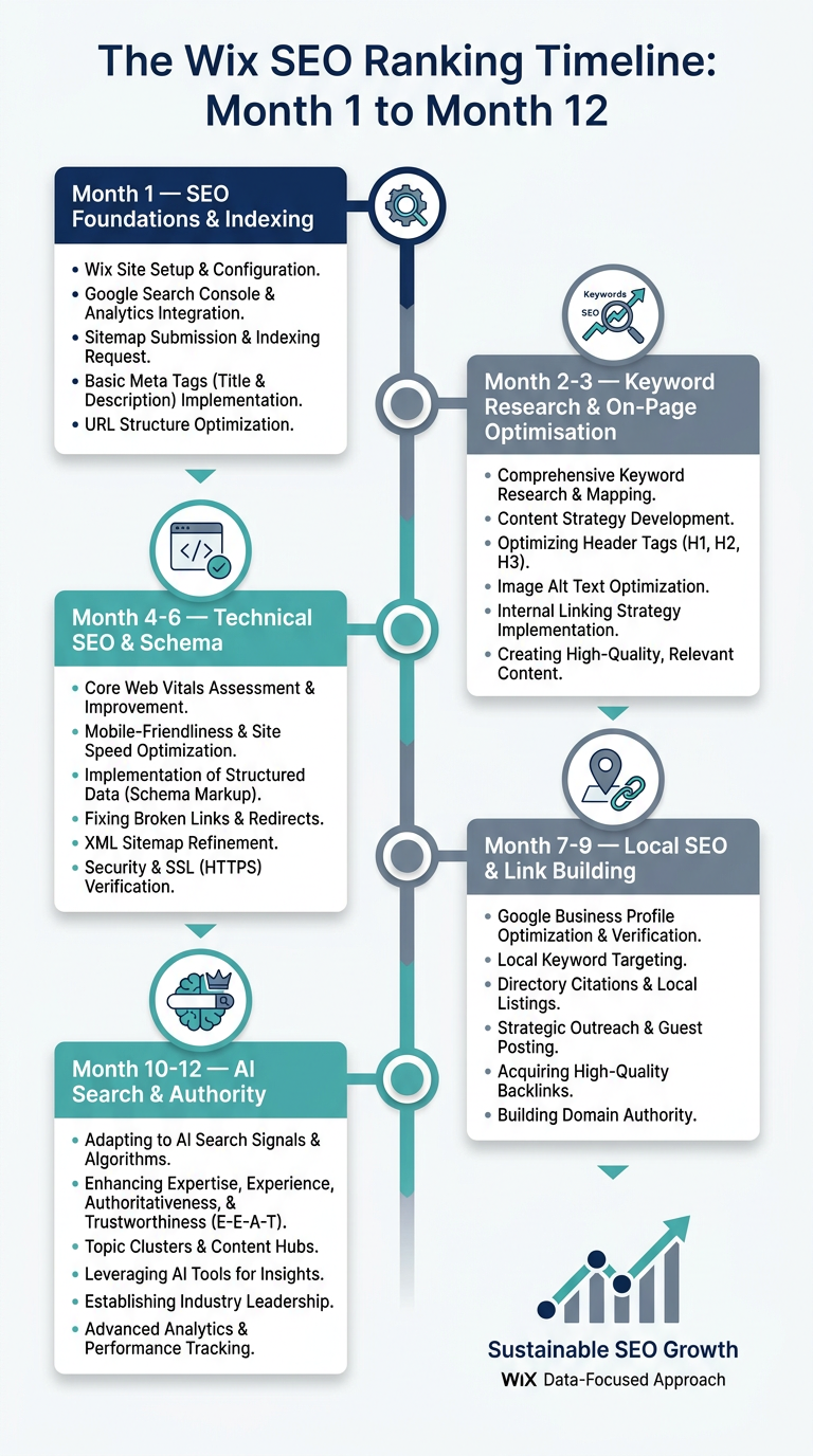 The Wix SEO ranking timeline from month 1 to month 12 showing SEO foundations, keyword research, on-page SEO, technical SEO, schema, local SEO, link building and AI search