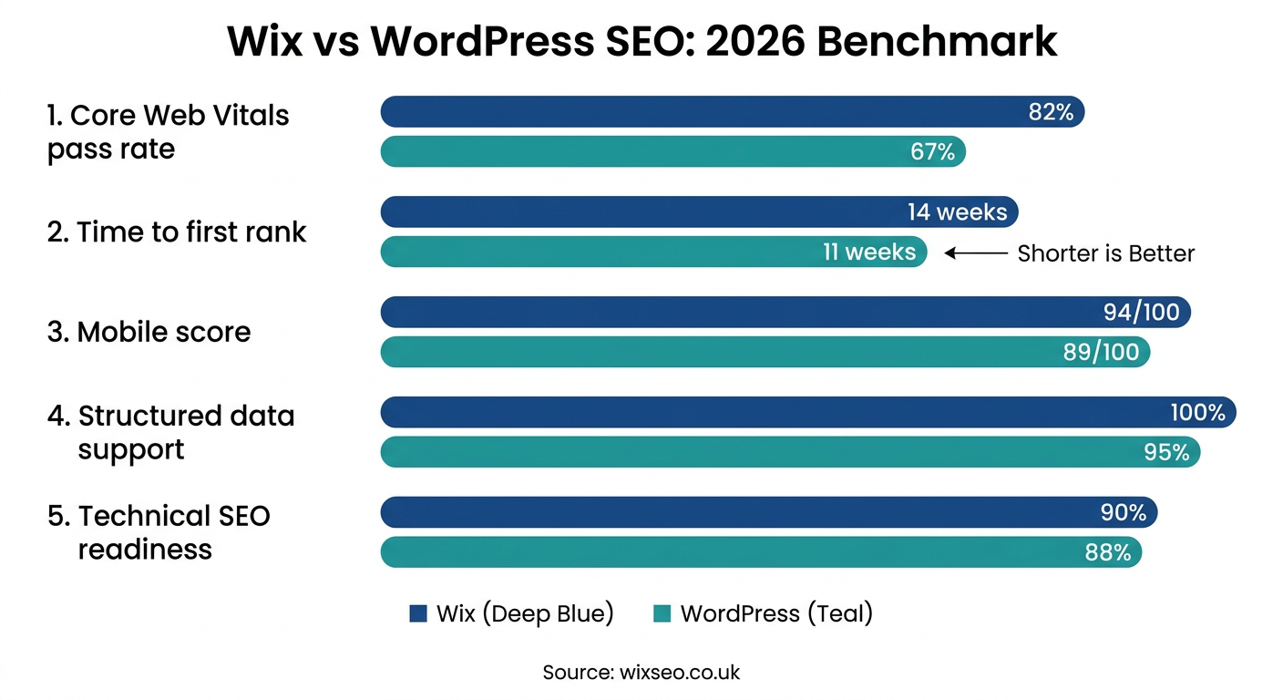 Wix vs WordPress SEO benchmark 2026 showing Core Web Vitals pass rate, time to rank, mobile score, structured data support and technical SEO readiness