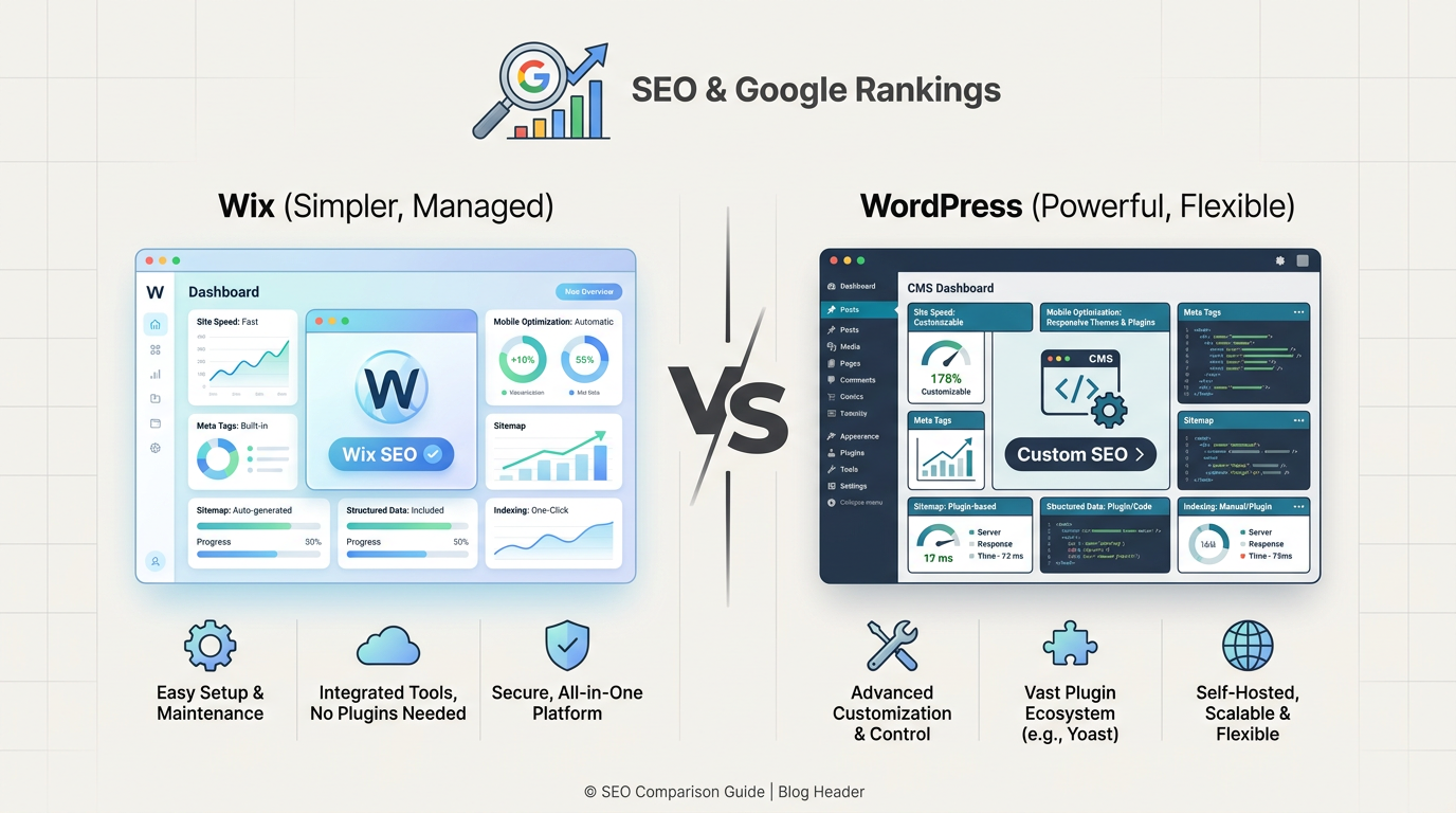 Wix vs WordPress SEO comparison 2026 — rankings, speed, performance, technical SEO