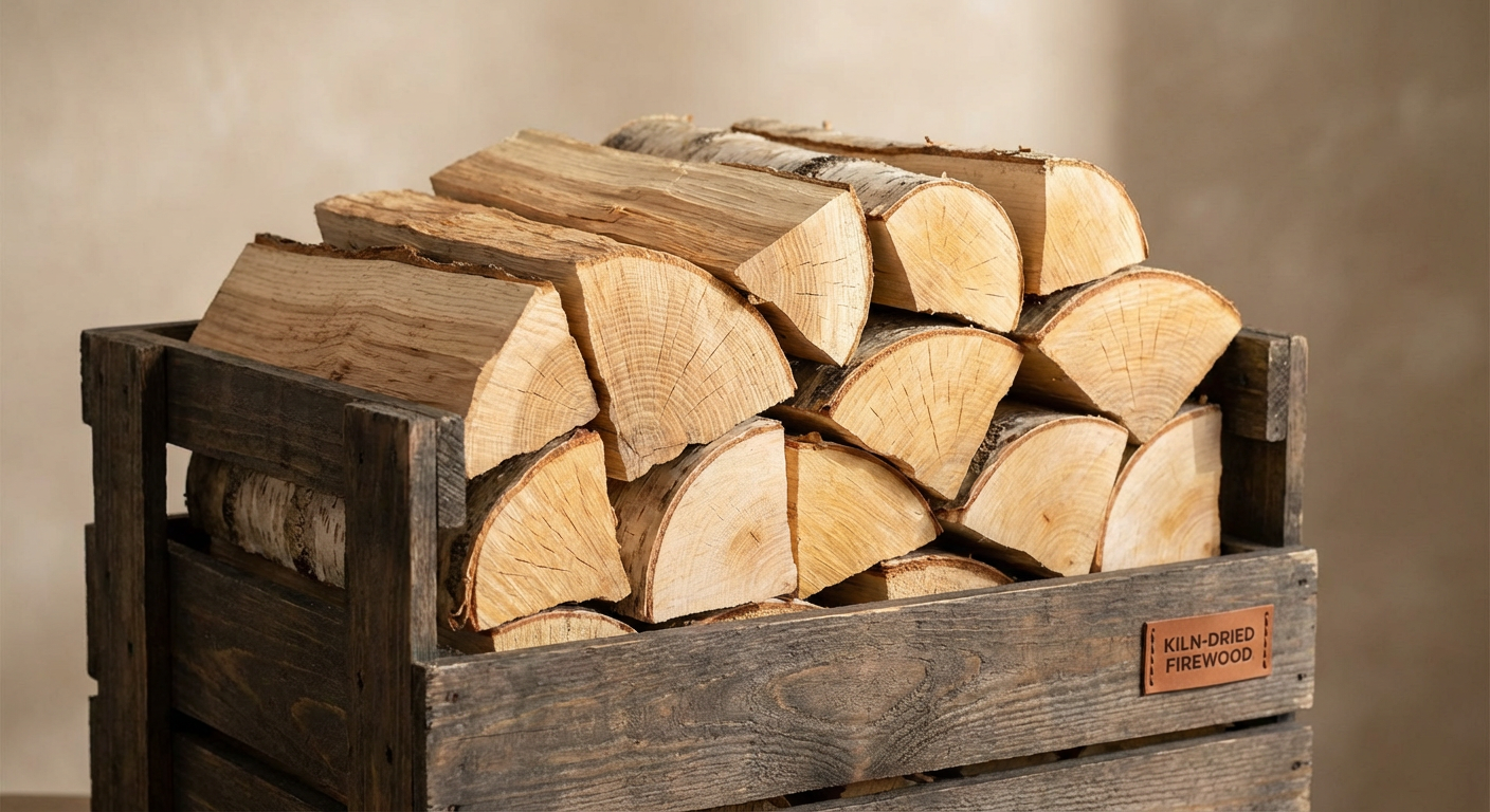 Kiln dried firewood logs stacked in a crate showing premium oak and birch hardwood from Woodnites Bristol depot ready for UK delivery